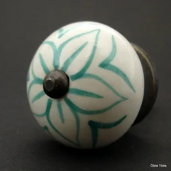 Nábytkové kování Nábytková úchytka bílá se zelenomodrým ornamentem 4 cm - knopka