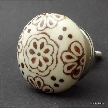 Nábytkové kování Nábytková úchytka krémová s hnědou kresbou - 4 cm - knopka