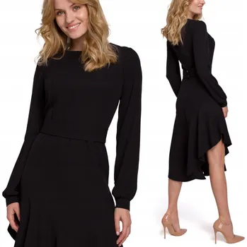 Dámské šaty VÝPRODEJ ŠATY ELEGANTNÍ VEČERNÍ ASYMETRICKÉ S VOLÁNEM ČERNÉ 44 XXL