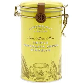 Čokoláda Cartwright & Butler Triple Chocolate Chunk Biscuits Sušenky se třemi druhy čokolády v plechové dóze, 200 g