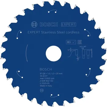 Pilový kotouč Bosch Pilový kotouč EXPERT Stainless Steel cordless, 136&nbsp;×&nbsp;1,5/1,2&nbsp;×&nbsp;20&nbsp;mm, T30 Professional (2608902132)