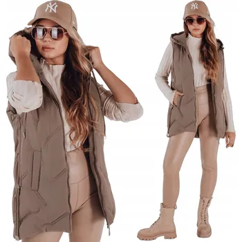 Dámská vesta Dámská prošívaná vesta s kapucí tmavě béžová TY5109 - S