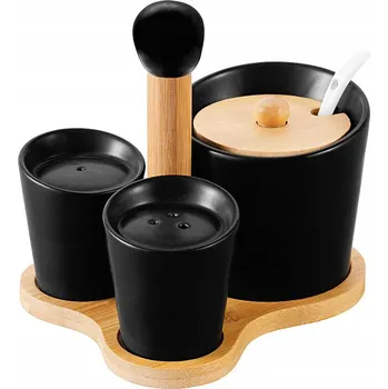 Cukřenka SADA cukřenka slánky pepřenka na bambusovém stojanu ČERNÁ krabička