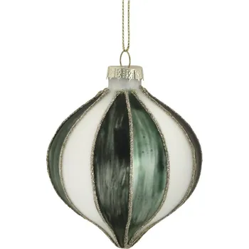 Vánoční dekorace Bílo-zelená skleněná vánoční ozdoba baňka s pruhy - 8 cm