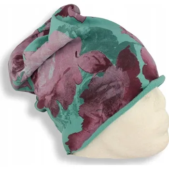 Čepice Čepice dámská Beanie italská tenká "smerfetka" tyrkysová s květinami