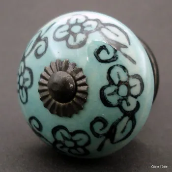 Nábytkové kování Nábytková úchytka modrozelená s černou kresbou 4 cm - knopka