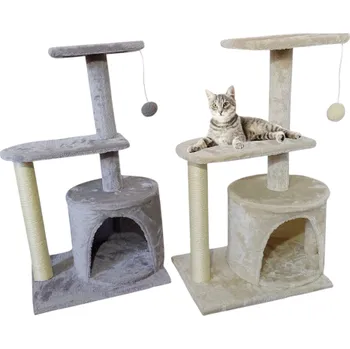 Chovatelství Kočičí škrabadlo s domečkem a odpočívadlem – 70 cm, béžové nebo šedé