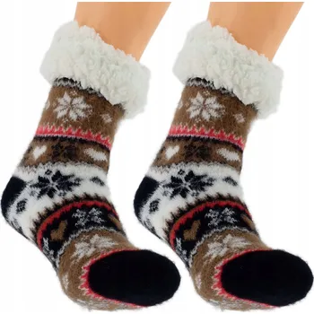 Dámské ponožky TEPLÉ DÁMSKÉ ZIMNÍ PONOŽKY S MEDVÍDKEM ABS NORWEGIE PAPUČE 36-41 HNĚDÉ