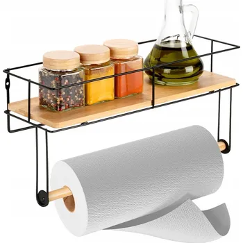 Věšák Držák na papírové ručníky s poličkou, kovový, černý, 37x12,5x18,5 cm