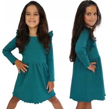 Dívčí šaty Lahvově zelené ŠATY vel. 146 s dlouhým rukávem a volánky