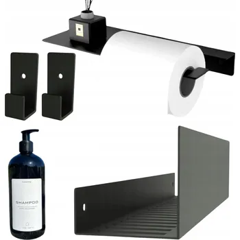 Koupelnový nábytek POLIČKA DO SPRCHY ČERNÁ ZÁVĚSNÁ NA PAPÍR VĚŠÁKY x2 DO KOUPELNY + DÁREK