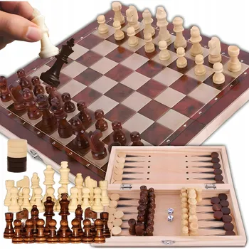 Šachy Dřevěné šachy vrhcáby triktrak hra 3v1 klasická desková hra velká 34 cm