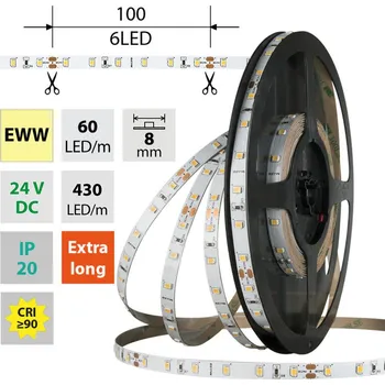 LED páska LED pásek SMD2835 EWW, 60LED/m, 4,8W/m, DC 24V, 380lm/m, CRI90, IP20, 8mm, 50m