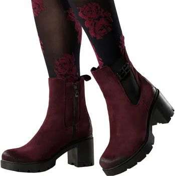 Dámské kozačky KOTNÍKOVÉ BOTY Bordó KOŽENÉ Dámské POHODLNÉ Na Širokém Podpatku MÓDNÍ S Gumou vel. 39