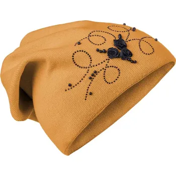 Pokrývka hlavy Dámská pletená čepice s růžičkami a kamínky, hořčicová 7100374-5