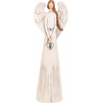 Polyresinový Anděl stříbrné srdce, 33 cm, sv. béžová, světle béžová