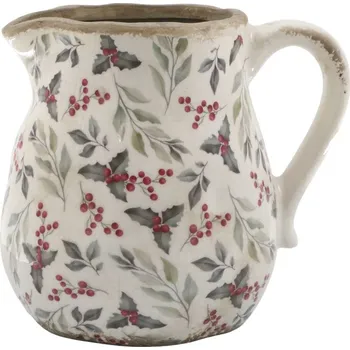 Béžový baňatý keramický džbán s cesmínou Holly - 13*16*15,5 cm