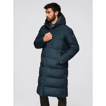 Pánská klasická dlouhá bunda s kapucí - tmavě modrá V2 OM-JALJ-0269 - L