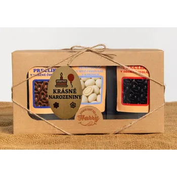 Dárková krabička Dárková sada křupavých preclíků a sladkých mandlí mix 3ks krásné narozeniny (Dárková sada křupavých preclíků a sladkých mandlí mix 3ks krásné narozeniny)
