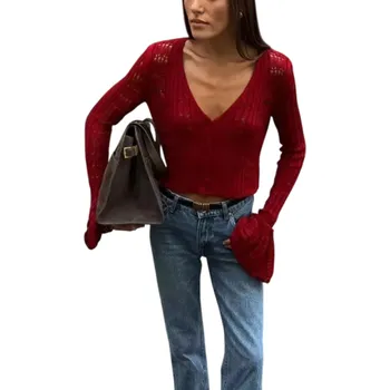 Dámské oblečení Dámský pletený kardigan s výstřihem do V Jednobarevný svetr na knoflíky s rozšířenými rukávy Elegantní módní svetr Polyester a bavlna vínová S