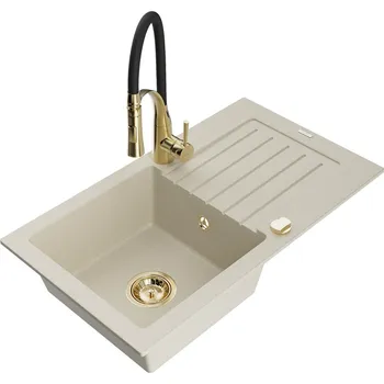 Kuchyňský dřez Mexen Pablo 1miskový granitový dřez s odkapávačem a kuchyňskou baterií Aster, béžová - 6510-69-73450-57-G