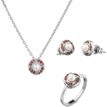 Souprava šperků Stříbrný set šperků 1461 s českým granátem a perlou, rhodiovaný - kruh Velikost: 59, Zapínání: puzeta
