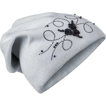 Čepice Dámská pletená čepice s růžičkami a kamínky, tmavě šedá 7100374-7