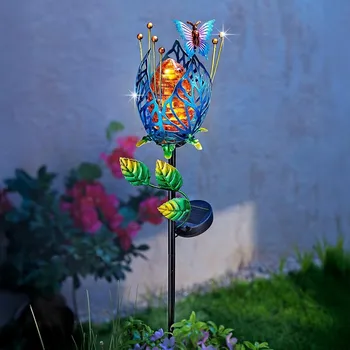 Zahradní dekorace Solární zahradní zápich Květina s motýlem modrá