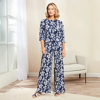 Dámské kalhoty Letní kalhoty modrá/potisk květy XL