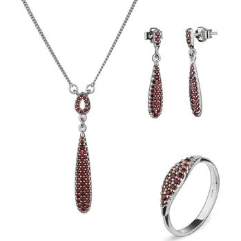 Souprava šperků Stříbrný set šperků 1432 s českým granátem, rhodiovaný - kapka Velikost: 58, Zapínání: puzeta
