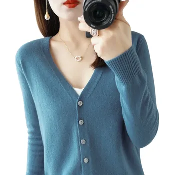 Dámský pletený kardigan s výstřihem do V Elegantní svetr na knoflíky Jednobarevný módní svetr Různé barvy Polyester Akryl modrá L