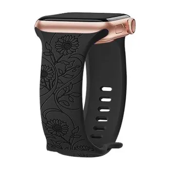 Chytré hodinky Řemínek gravírované květiny pro Apple Watch 42/44/45/46/49mm,Slunečnice - černá