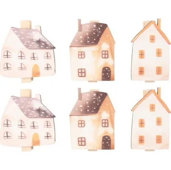Vánoce Mix dřevěných domků na kolíčku cca 4 x 3 x 0,3 cm, 6 ks v sáčku 31525