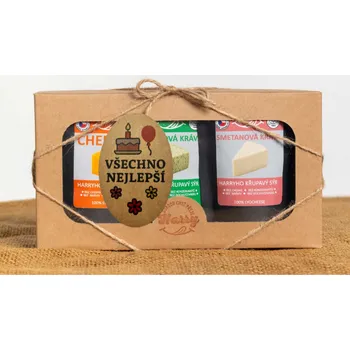 Dárková krabička Křupavý sýr Dárková sada 3 druhů lyo sýrů od kravičky všechno nejlepší (Křupavý sýr Dárková sada 3 druhů lyo sýrů od kravičky všechno nejlepší)