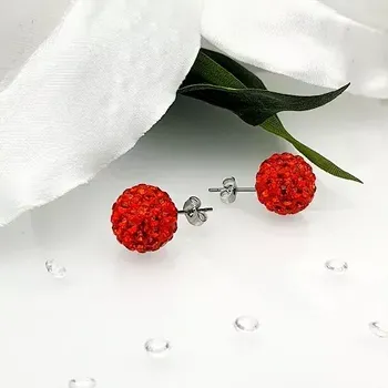 Náušnice Dámské ocelové náušnice kulička s kamínky - červená