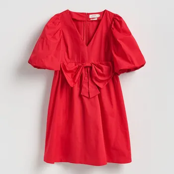 Dámské šaty Reserved - Bavlněné šaty s mašlí - červená - 369HZ-33X - 369HZ-33X-XS