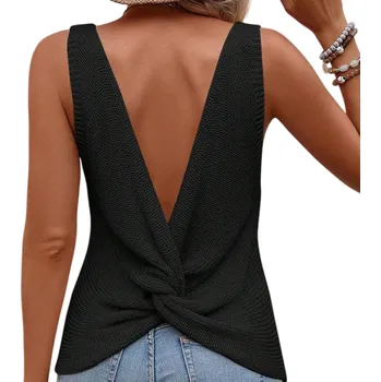 Dámské pletené tílko s výstřihem do V Elegantní letní top s uzlem na zádech Holá záda Jednobarevný módní top Různé barvy Polyester černá L