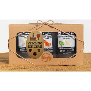 Dárková krabička Křupavý sýr Dárková sada 3 druhů lyo korbáčiků od Bači všechno nejlepší (Křupavý sýr Dárková sada 3 druhů lyo korbáčiků od Bači všechno nejlepší)