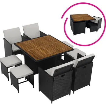 Zahradní sestava Zahradní ratanový set MELFORD umělý ratan černý, látka krémová, masiv akácie