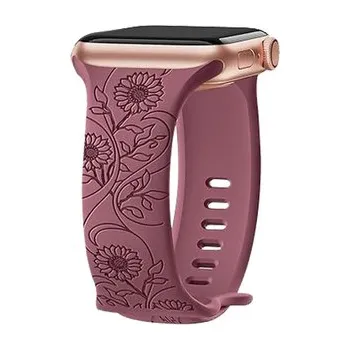 Chytré hodinky Řemínek gravírované květiny pro Apple Watch 42/44/45/46/49mm,Slunečnice - vínová