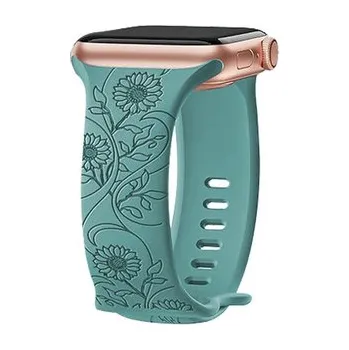 Chytré hodinky Řemínek gravírované květiny pro Apple Watch 42/44/45/46/49mm,Slunečnice - zelená