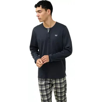 Pánské pyžamo Pánské bavlněné pyžamo s knoflíkovou légou a kostkovanými kalhotami Vamp 23643 dark gray velikost 4XL