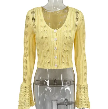 Dámské oblečení Dámský pletený kardigan s výstřihem do V Jednobarevný svetr na knoflíky s rozšířenými rukávy Elegantní módní svetr Polyester a bavlna žlutá S