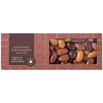 Čokoláda Směs pražených mandlí v hořké, mléčné, ruby a blond čokoládě 230g