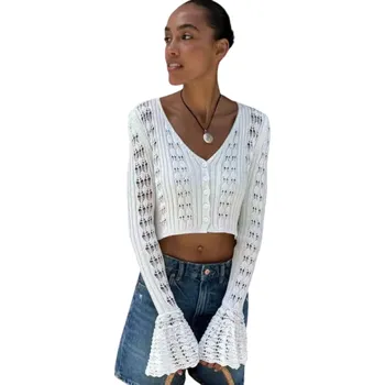 Dámský pletený kardigan s výstřihem do V Jednobarevný svetr na knoflíky s rozšířenými rukávy Elegantní módní svetr Polyester a bavlna bílá S