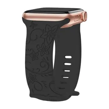 Chytré hodinky Řemínek gravírované květiny pro Apple Watch 42/44/45/46/49mm,Narcis - černá
