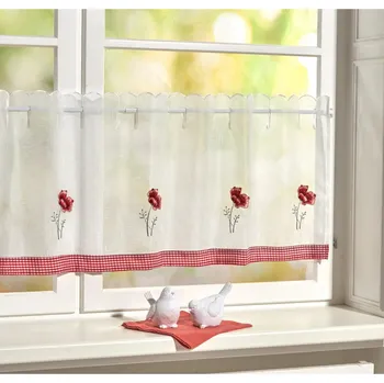Záclona Bistro záclona Káro a květiny červená a bílá