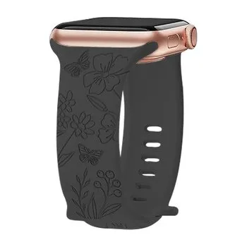 Chytré hodinky Řemínek gravírované květiny pro Apple Watch 38/40/41/42(S10)mm,Pomněnka - černá