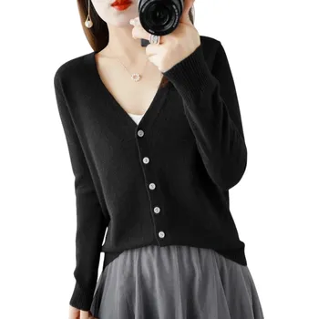 Dámský pletený kardigan s výstřihem do V Elegantní svetr na knoflíky Jednobarevný módní svetr Různé barvy Polyester Akryl černá M