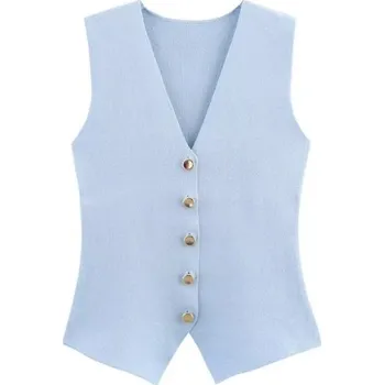 Dámská elegantní vesta s knoflíky Jednobarevný top s výstřihem do V Stylový doplněk k halenkám a tričkům Různé barvy Polyester modrá M